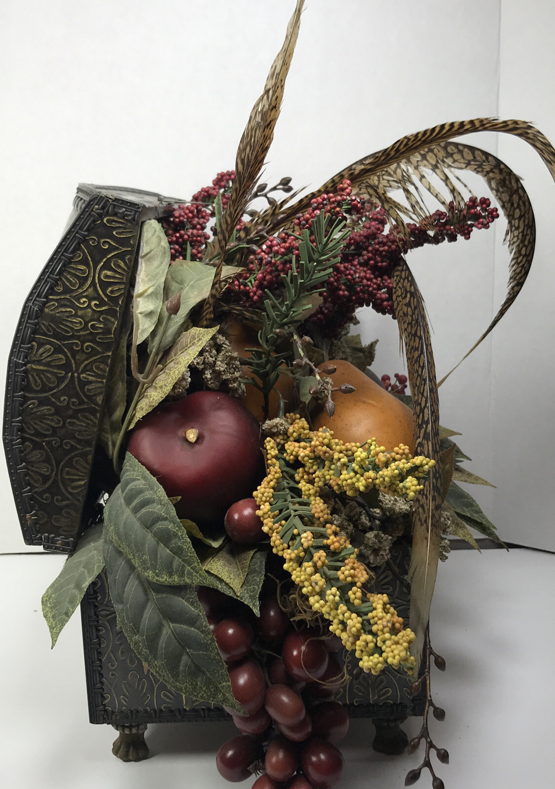 Designer Arrangement Feather Silk Floral Fruit 17” HomeDecor Metal Texas Box EUC
