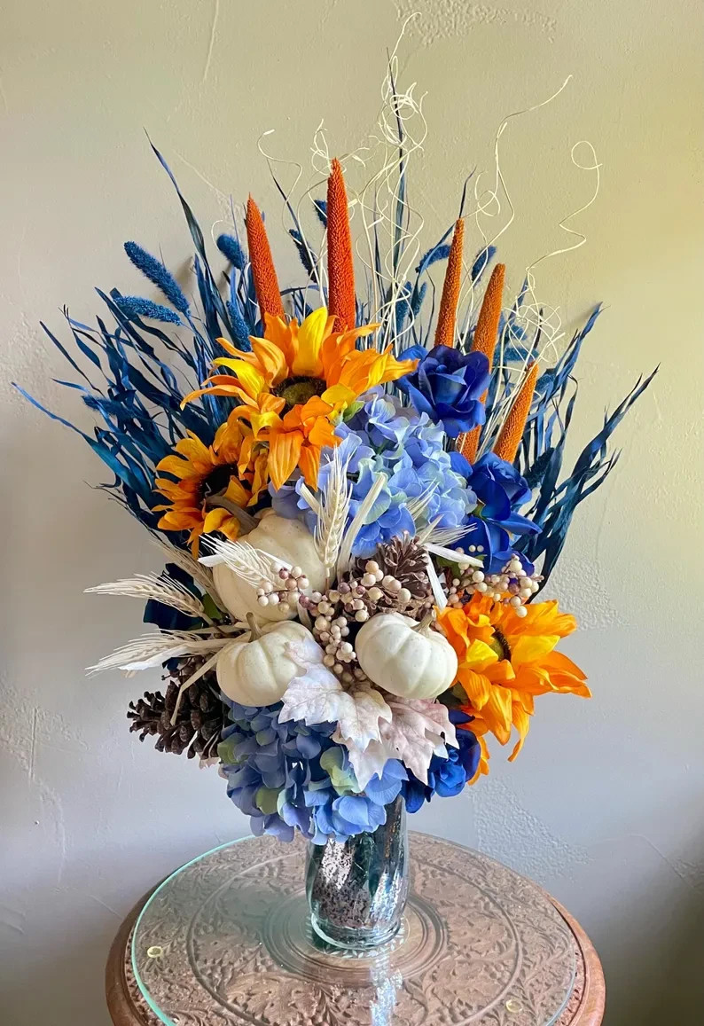 Sunflower Floral Arrangement: Blue Summer & Fall Home Decor, Table Centerpiece