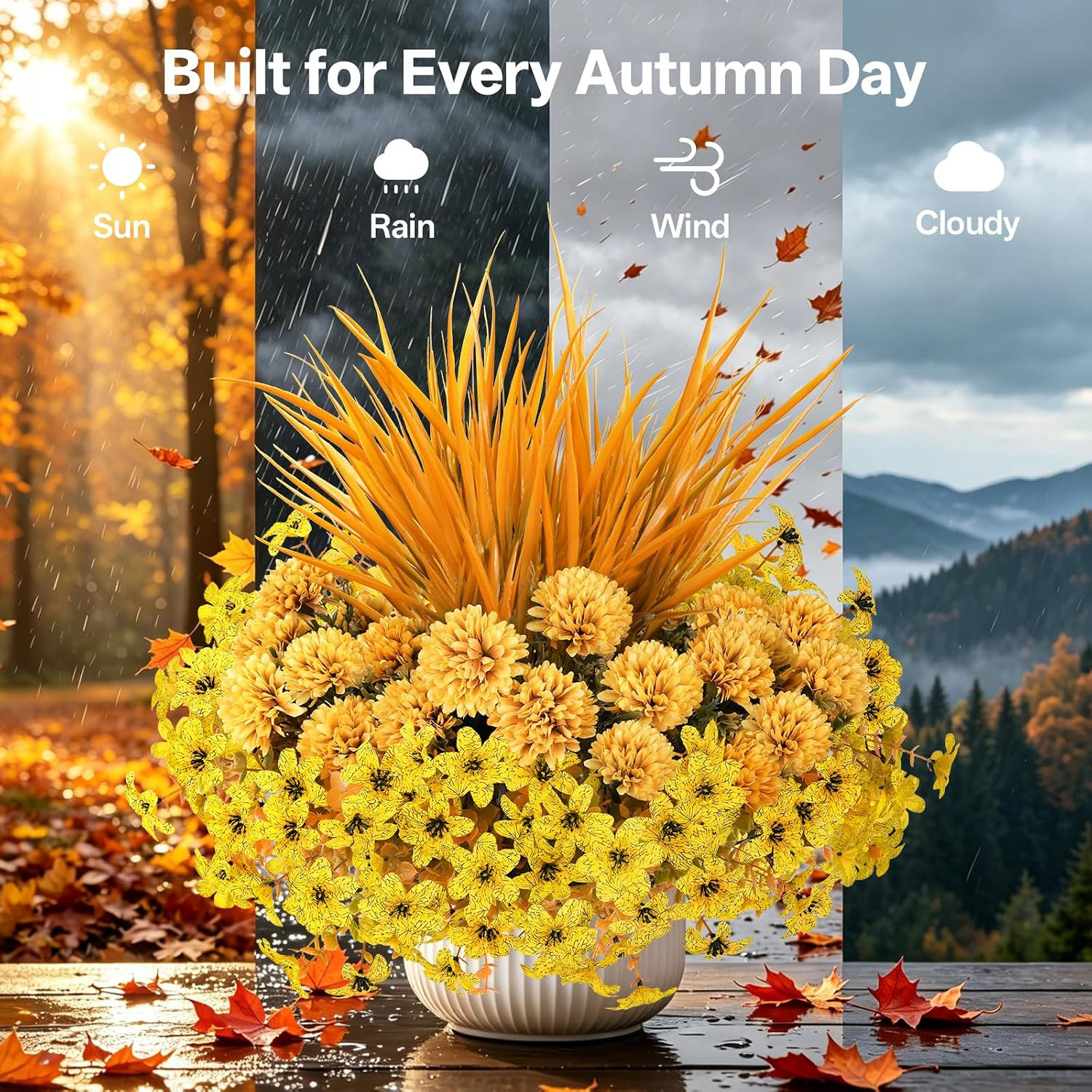8 Bundles Yellow Faux Mums Flowers for Outdoor Planters and Gardens