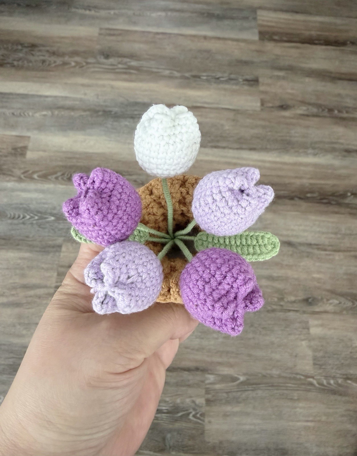 Handmade Crochet Tulip Flower Bouquet Purple White in Brown Vase