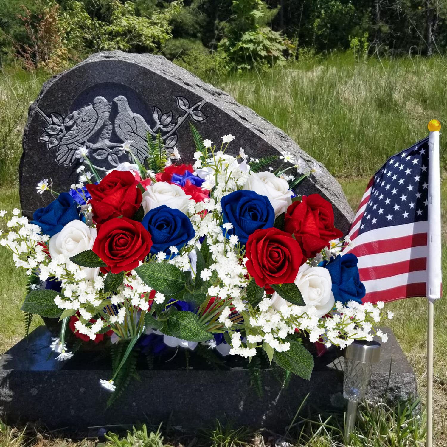 28 Pcs Red White and Blue Flowers, Patriotic Memorial Bouquet Atificial Flowe…