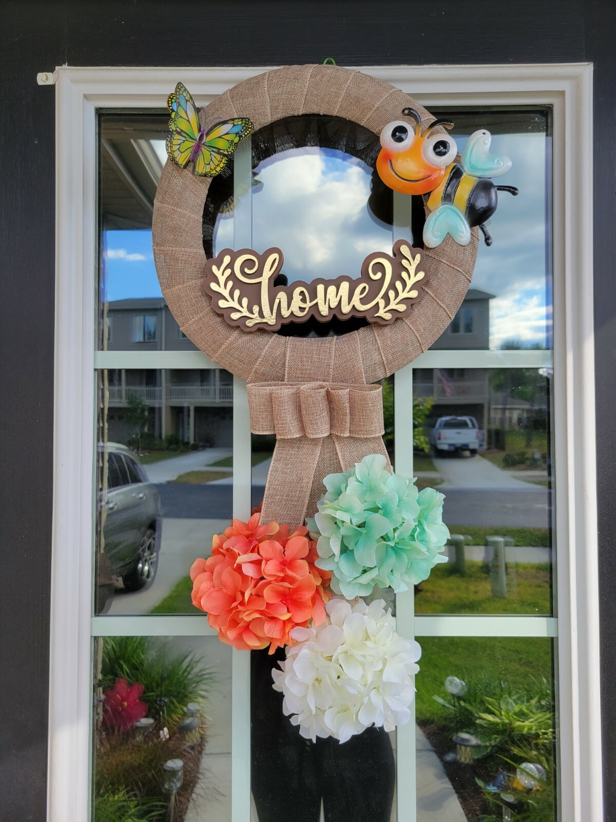 Golden HOME coral 3D BUTTERFLY wreat WHITE TEAL Hydrangeas HAPPY BEE burlap Door