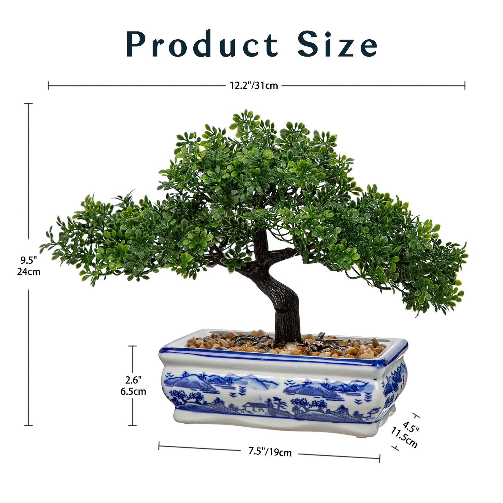 Artificial Bonsai Tree Blue White Porcelain Pot Fake Pine Oriental Zen