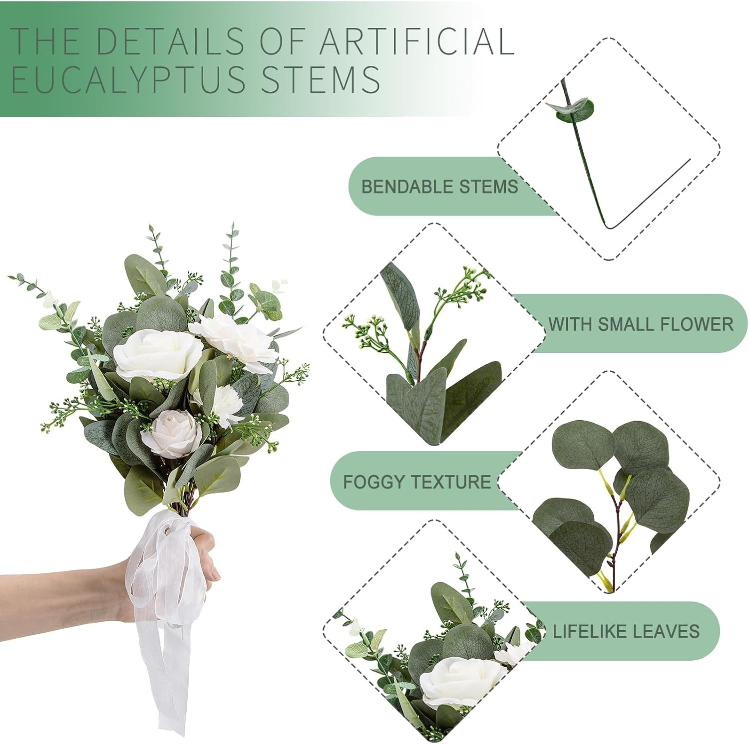 100 Pcs Mixed Artificial Eucalyptus Leaves Stems Bulk | Realistic 5 Kinds Mixed