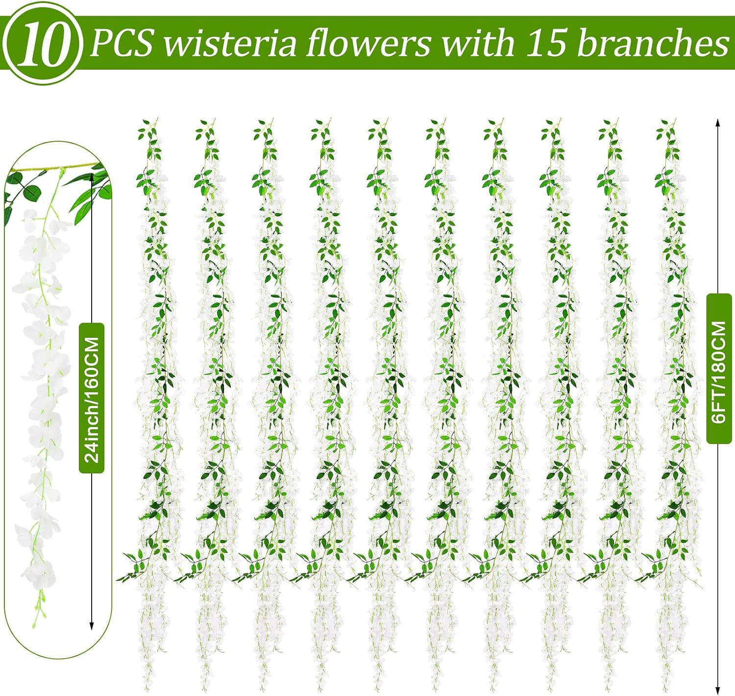 150 Branches Wisteria Hanging Flowers,10Pcs Total 60Ft White Wisteria Artificial