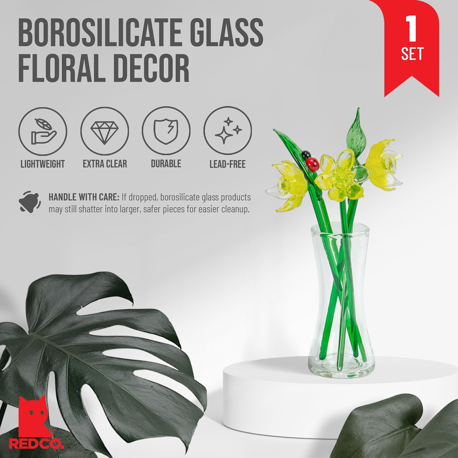 Decorative Glass Lovely Flower Bouquet with Vase, Gift Boxed – Yellow Daffodils