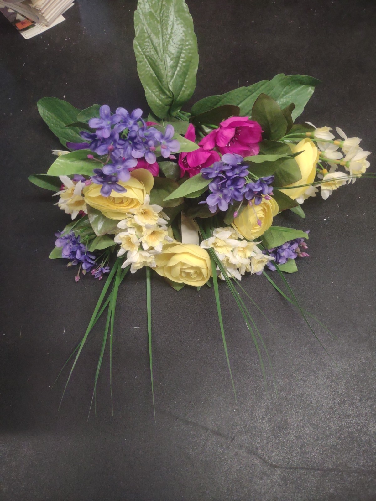 14″ Silk Ranunculus & Anemone Mixed Bouquet Bush, 13 Stems, Yellow Blue Fuchsia