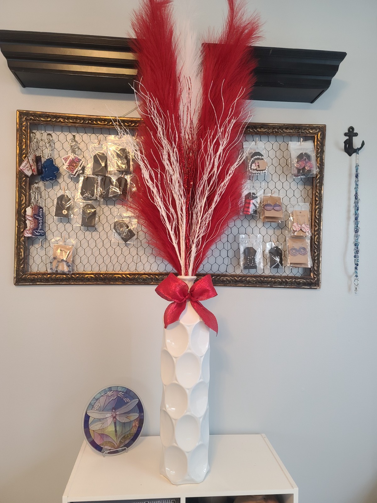 Red & White Christmas Pampas Arrangement in Ceramic Vase | 58″ Holiday Decor