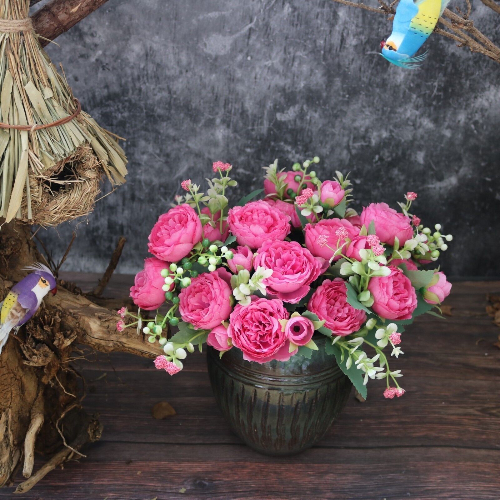 2 Bunches 9 Heads Silk Peony Artificial Flowers Wedding Bouquet Home Party Decor