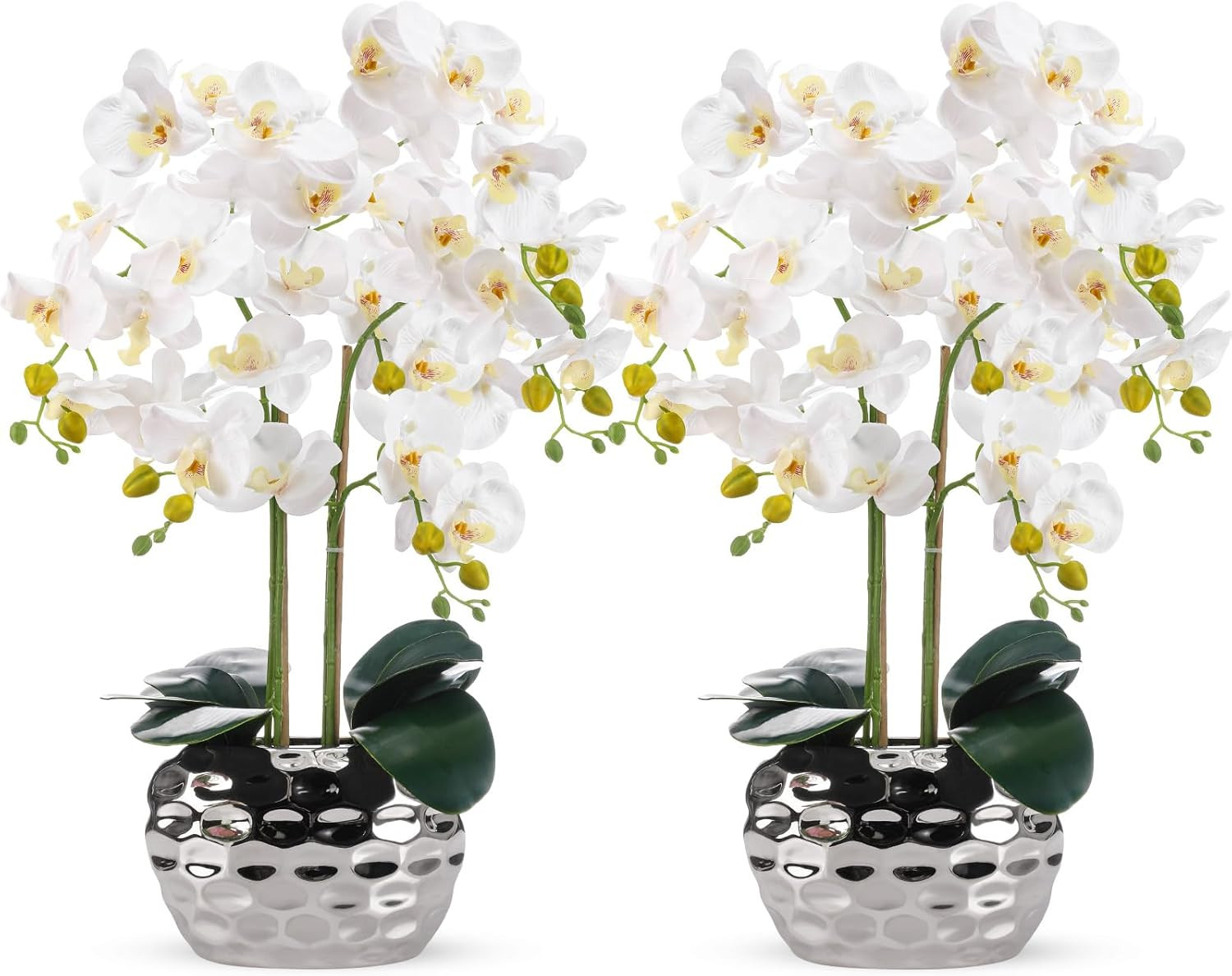 2 Pack White Faux Orchid Flowers with Ceramic Pot for Home Décor