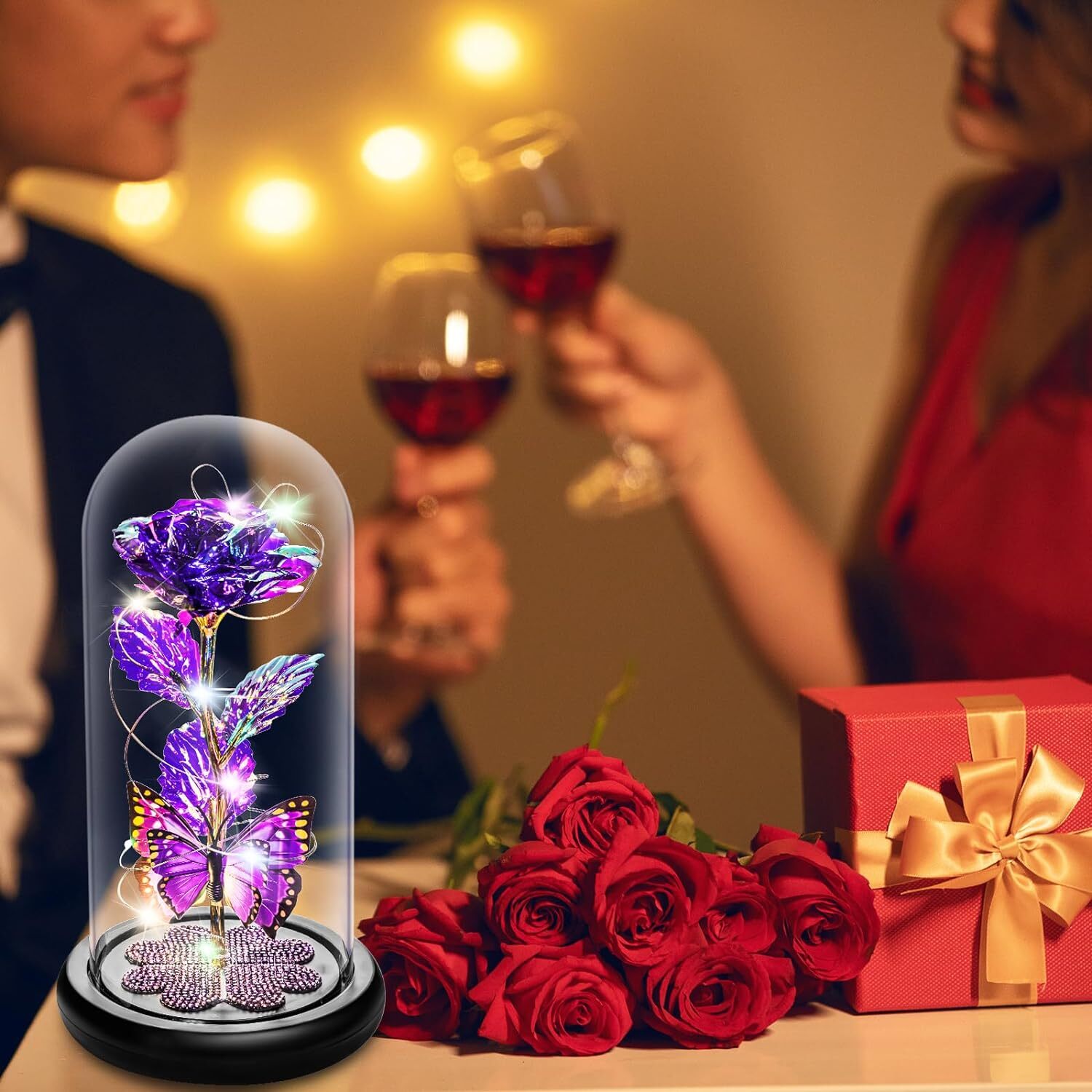 Purple Glass Rose With Butterfly And Heart Crystals Led Light Mother’s Day Gift