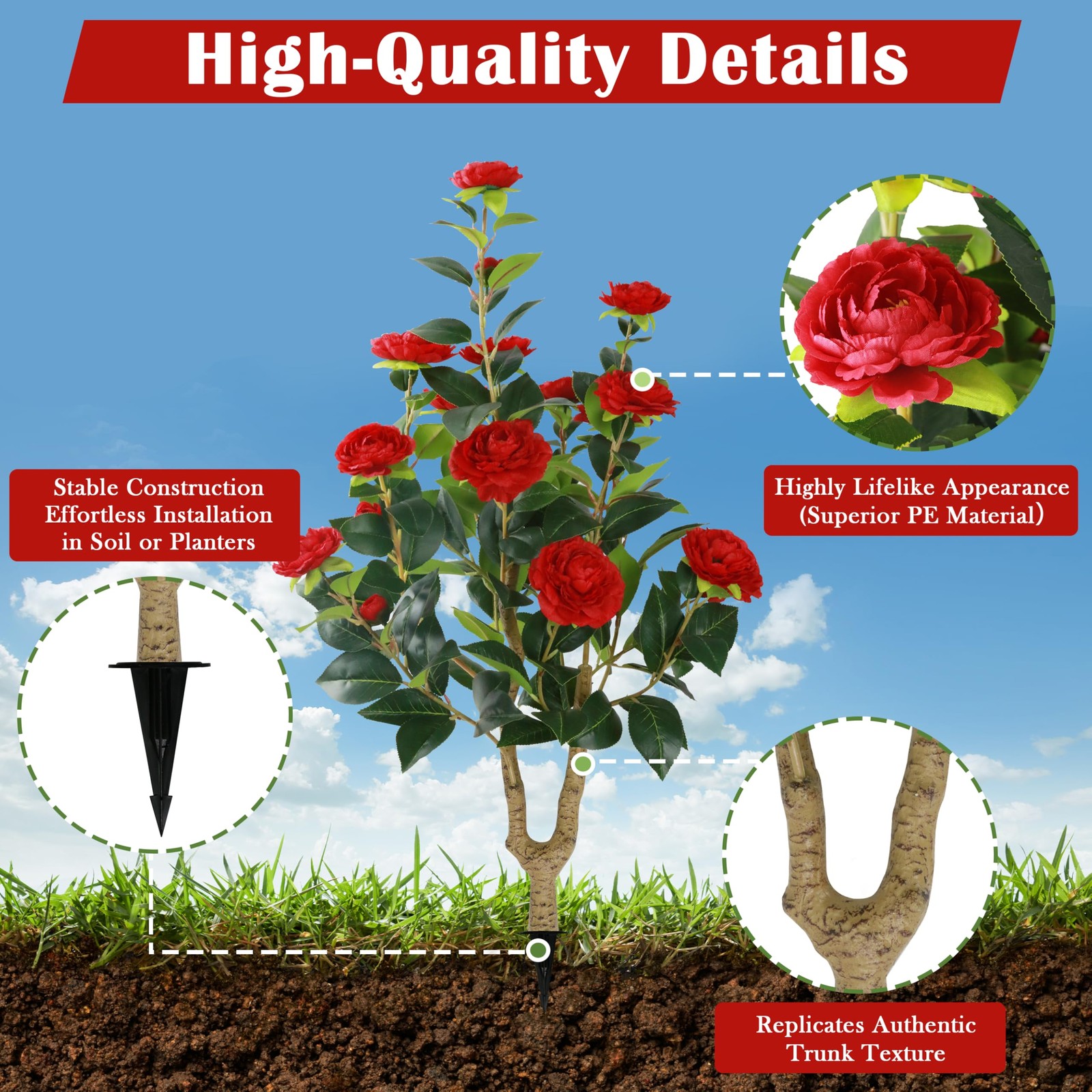 Sunnyglade 2 Packs 35.5″ Artificial Camellia Tree, Faux Red Camellia Flowers …