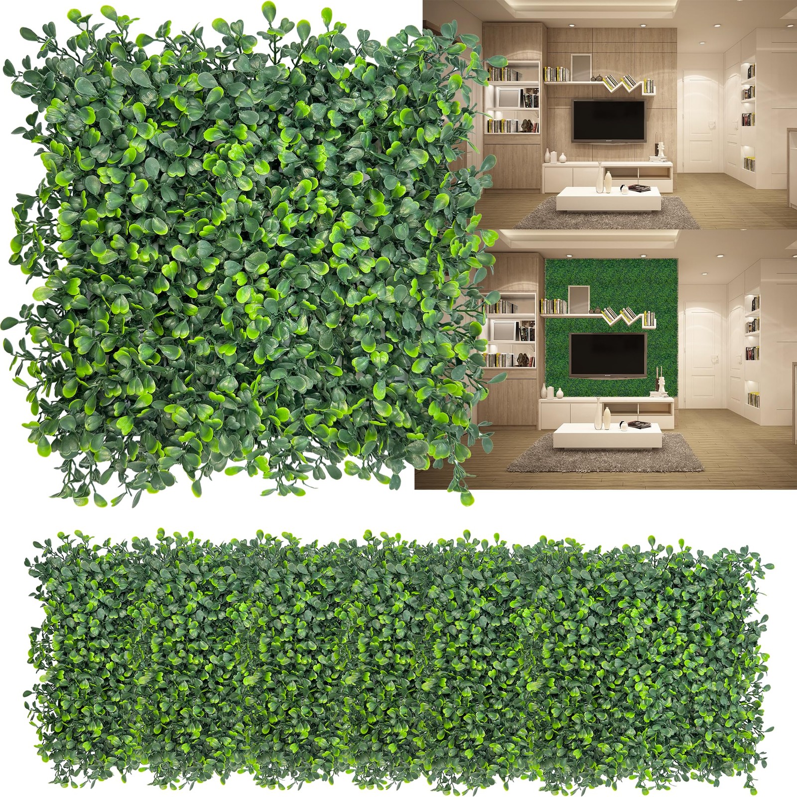 Artificial Grass Wall Panels: 10″x 10″(12P) UV-Anti Boxwood Faux Green Leaf B…