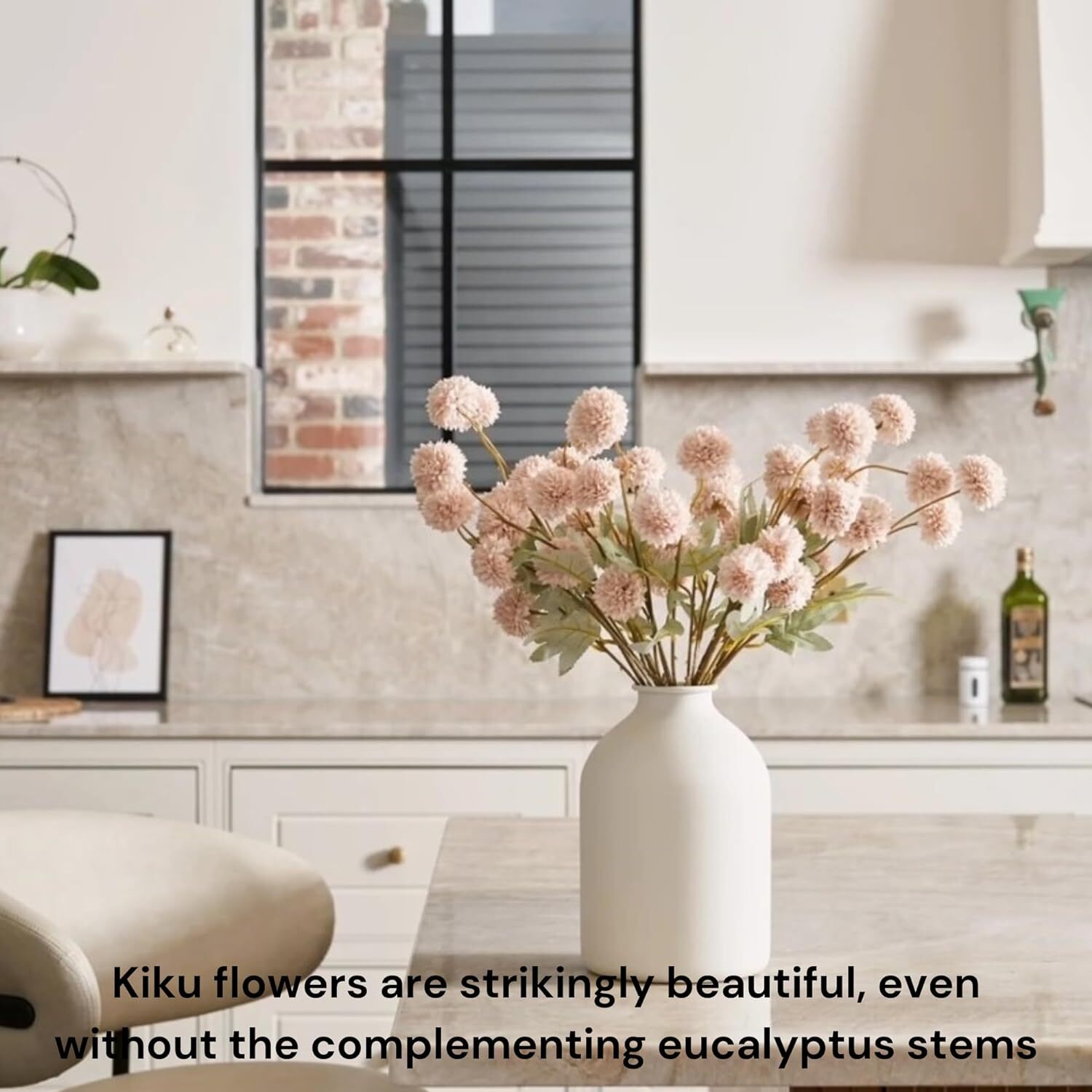 Beige Flowers Artificial + Eucalyptus, Fake Mums Long Stem Flowers, Tan Nude Cre