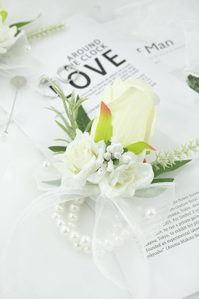 White Corsage And Boutonniere Set Wedding Prom Artificial Rose Flower 2 PC