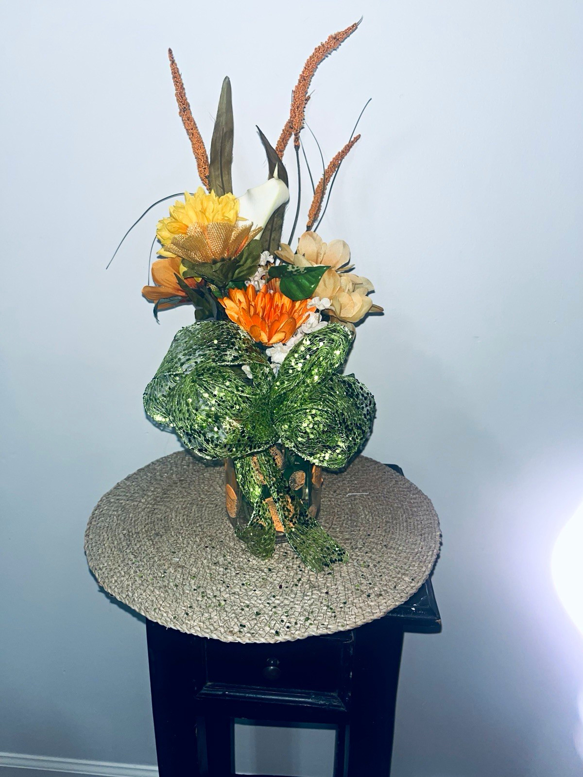 Artificial Calla Lily Centerpiece Arrangement w/ Green Bow, Orange Yellow