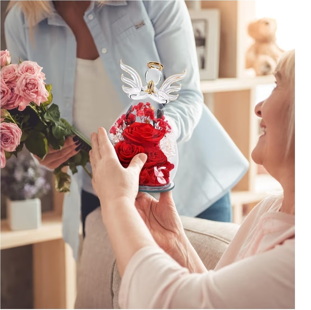 Glass Angel Figurines Real FlowersRed (Rose, Austin, Baby’s Breath, Hydrangea