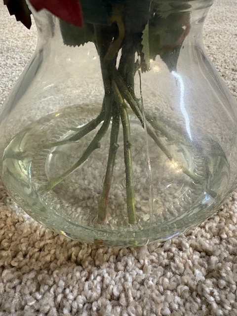 Faux Purple Roses Arrangement in Acrylic Water Vase Nearly Natural. 12×5″