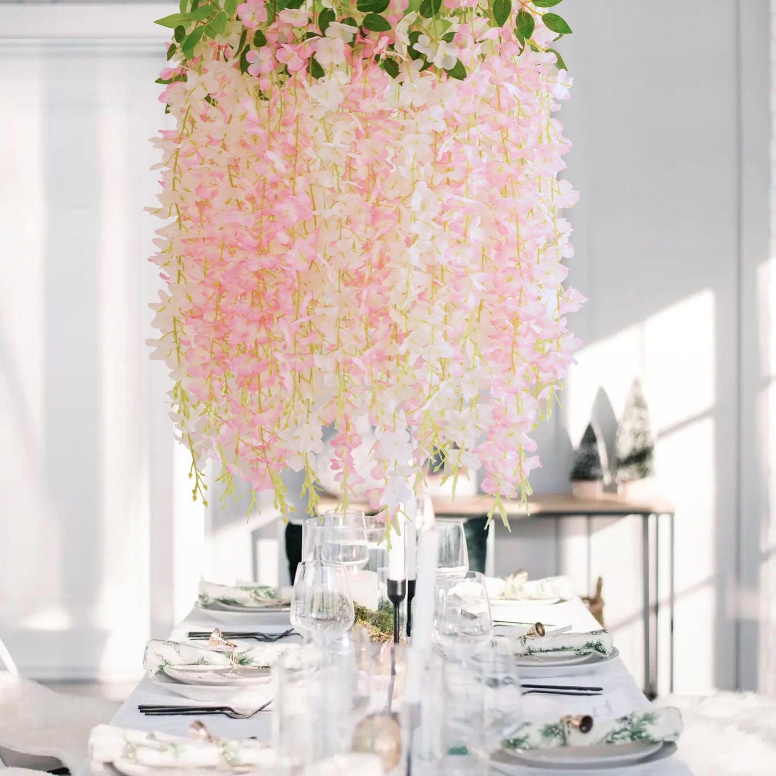 48Pcs Artificial Wisteria Hanging Flowers, 3.6Ft/Pcs White & Pink Fake Wister…