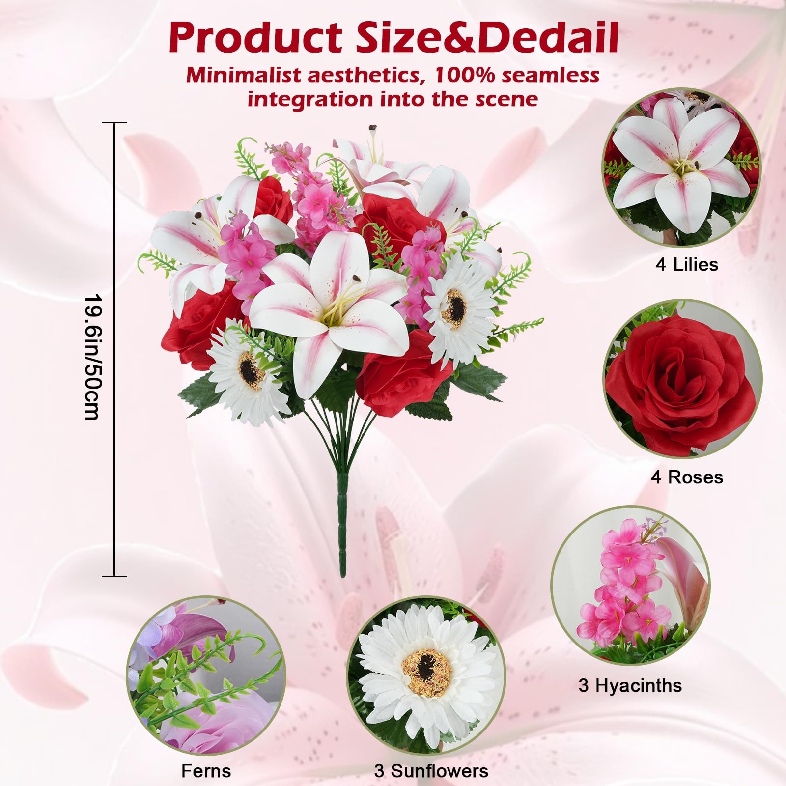 2 Pcs Cemetery Flowers For Grave 19.6 Inch Lilies Silk Floral Arrangement