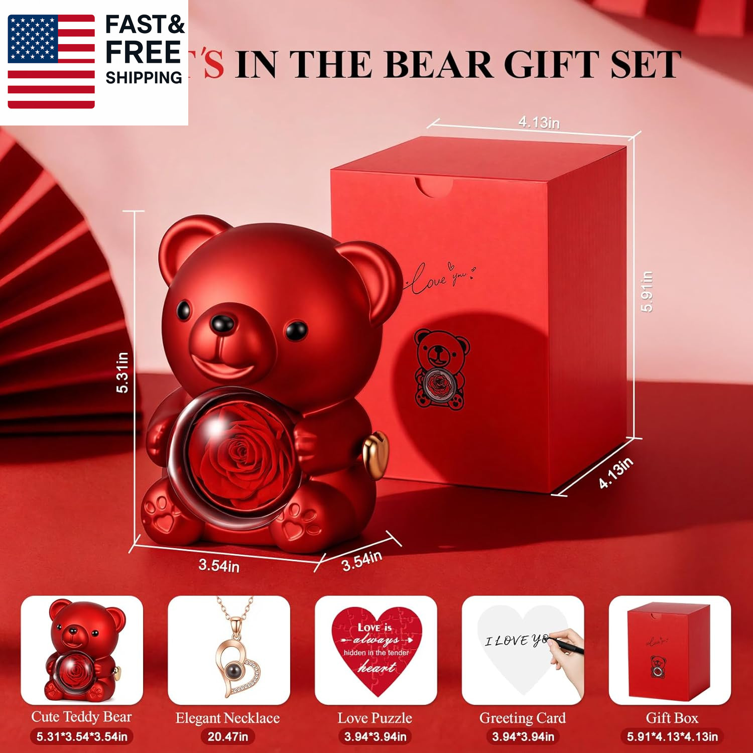Cute Teddy Bear with Preserved Rose, Hidden Surprise Necklace Rotating Gift Box
