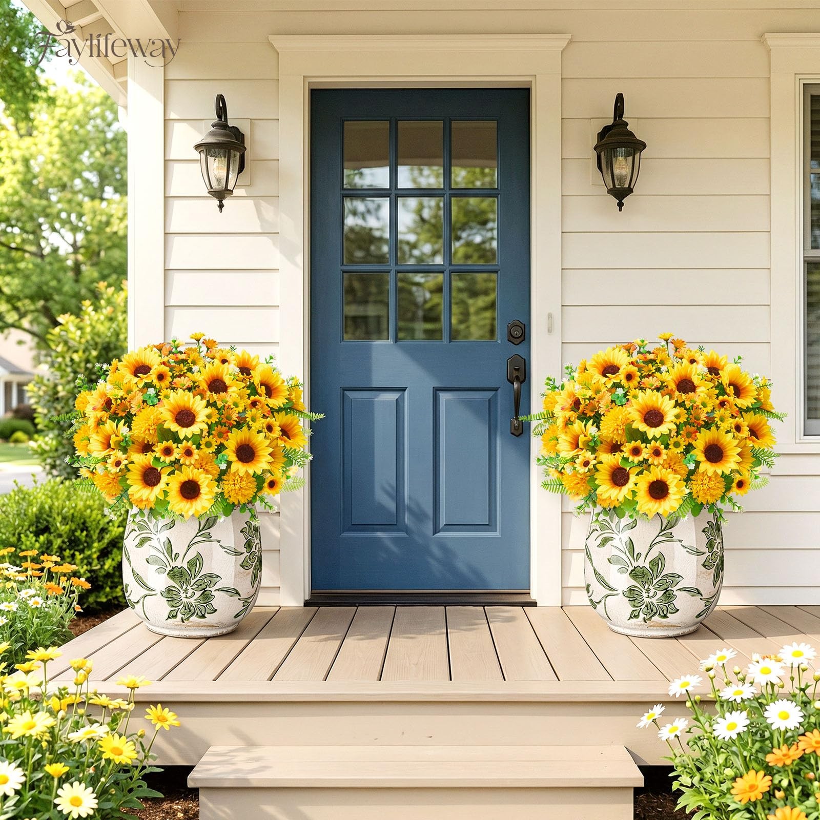 8 Bundles Artificial Flowers for Outdoors,UV Resistant Faux Sunflowers and Da…