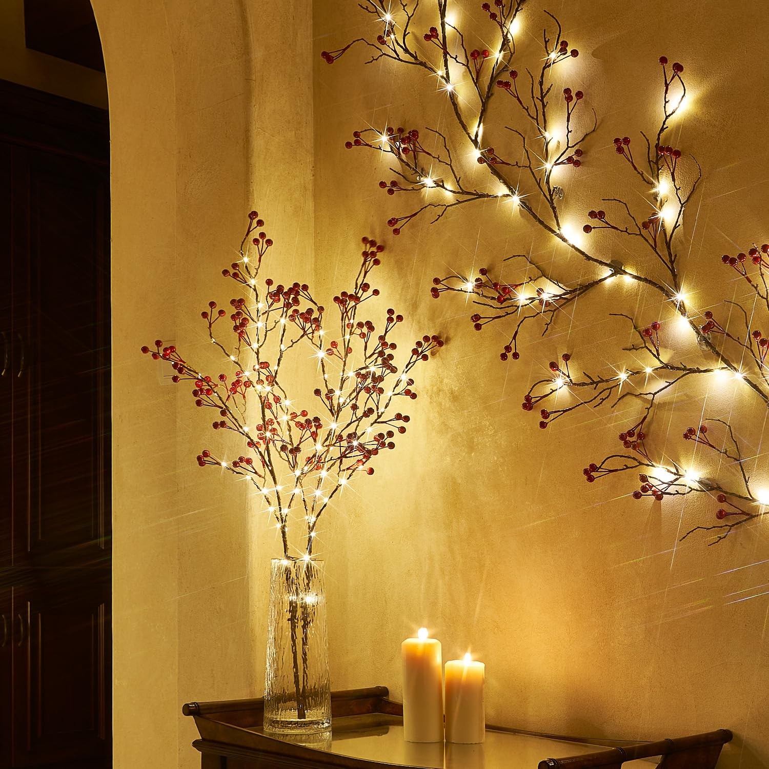 Red Berries Branch Lights Battery Powered Timer Artificial Willow 32 Inch 80