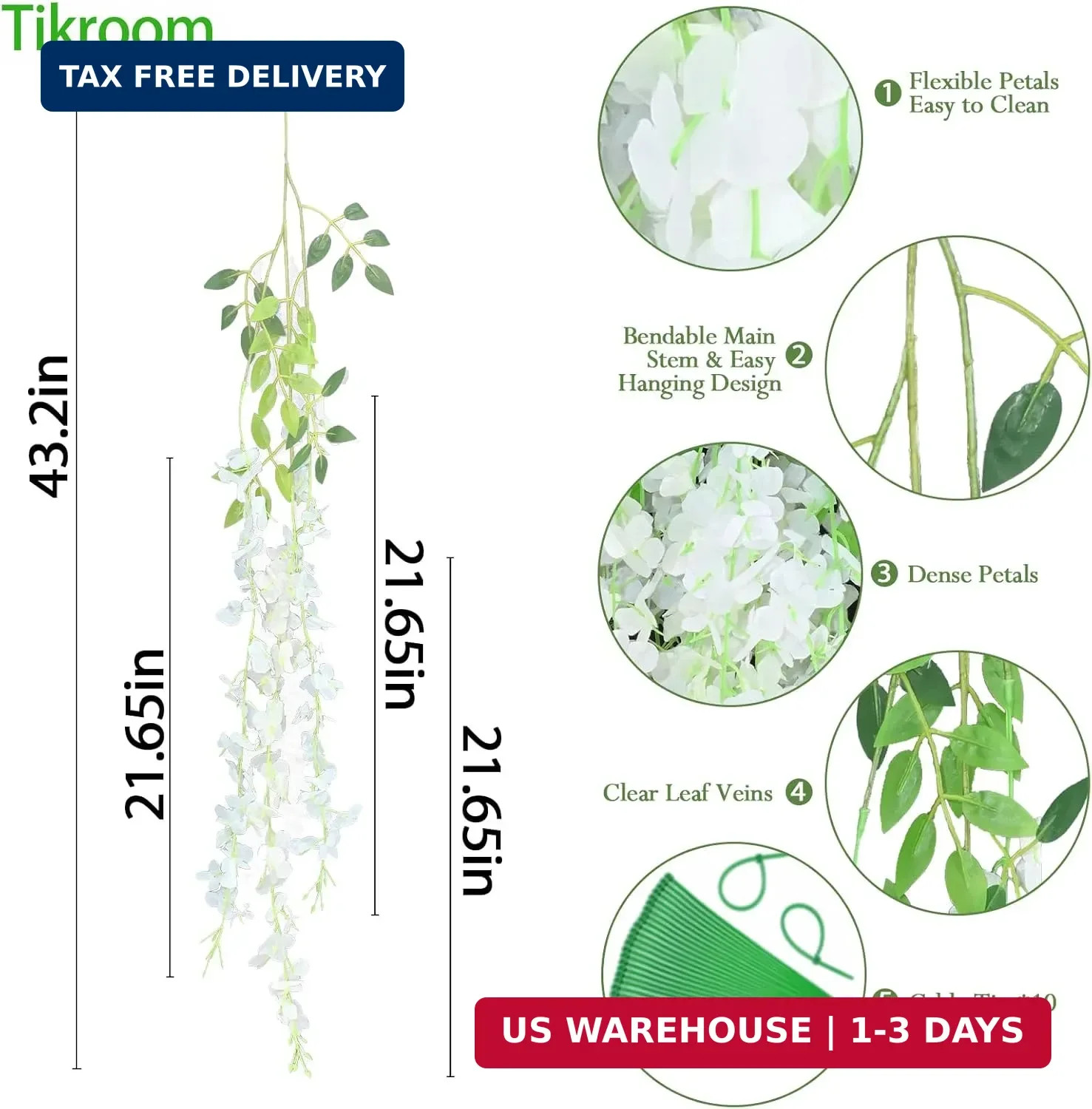 10 Pack Artificial Wisteria Hanging Flowers 3.6 Feet/Piece White Dense Fake Wist