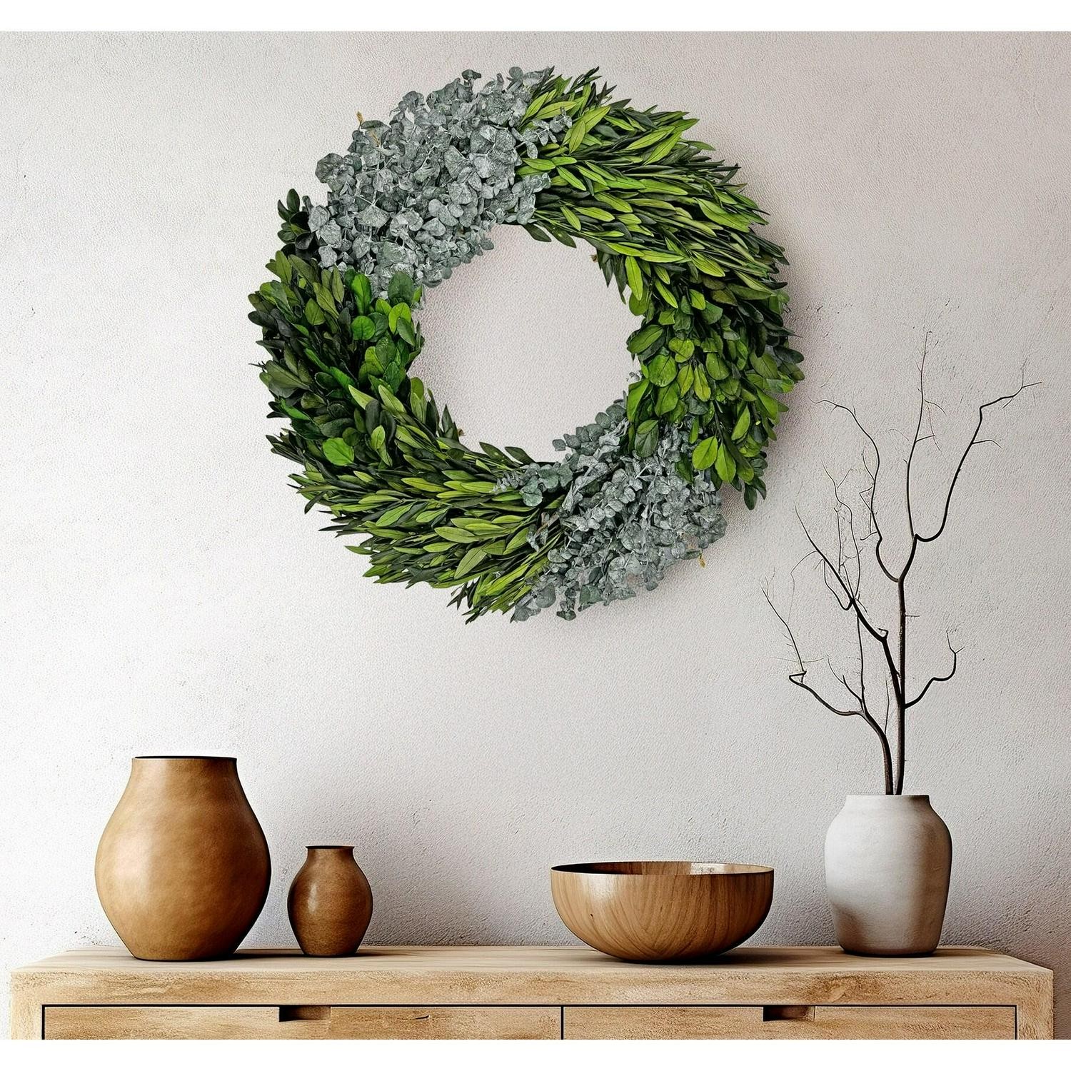 Preserved Decorative Dried Real Eucalyptus And Boxwood Wreath 21 Inch – Green