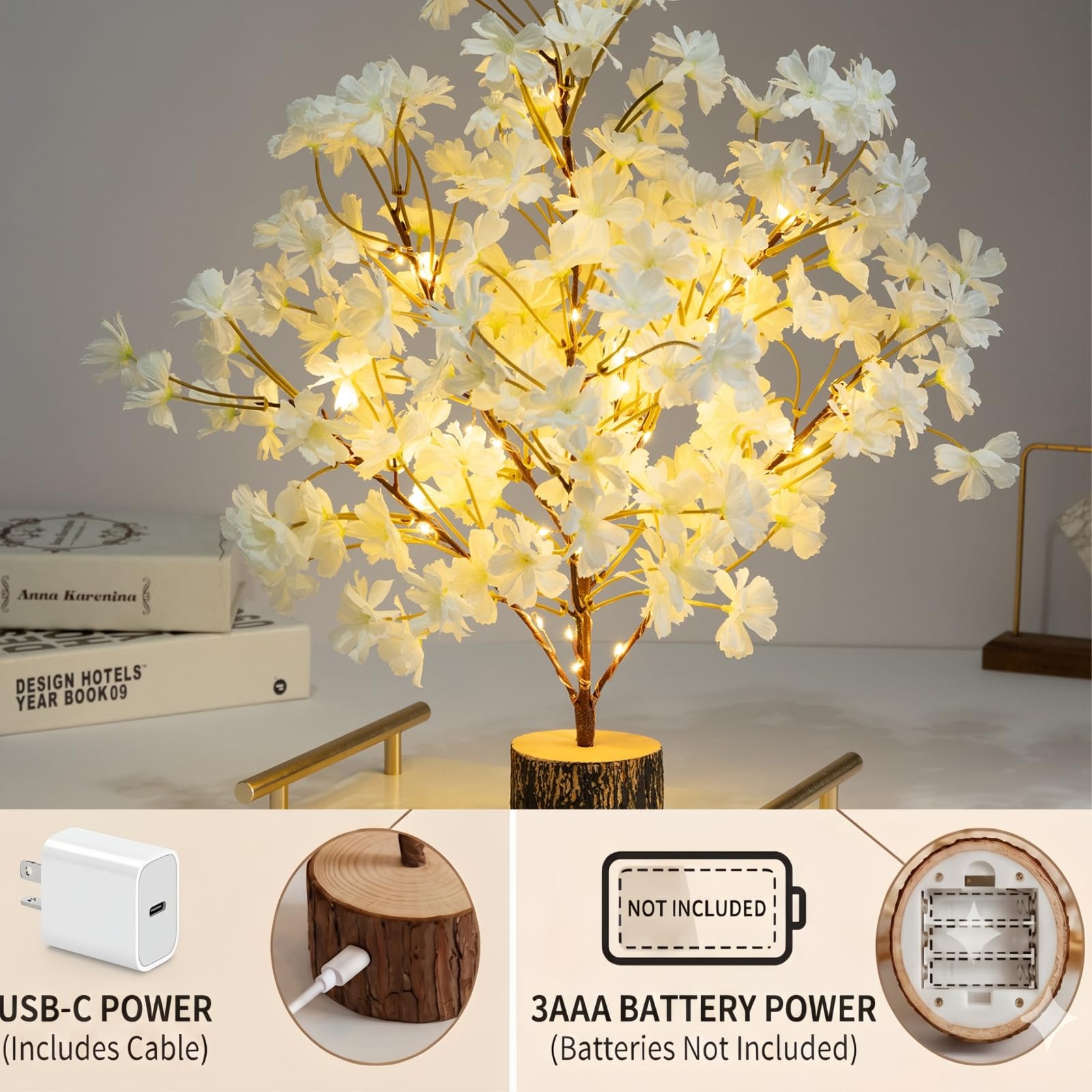 19” Light up Cherry Blossm Tree,Led Flower Tree Lamp with Timer, Artificial …