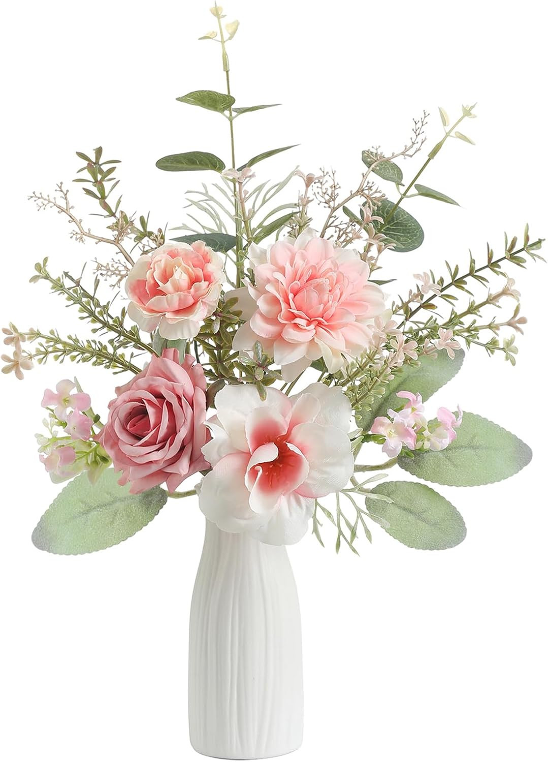 Small 11″ Artificial Flowers in Ceramic Vase – Pink Silk Flower Centerpiece for