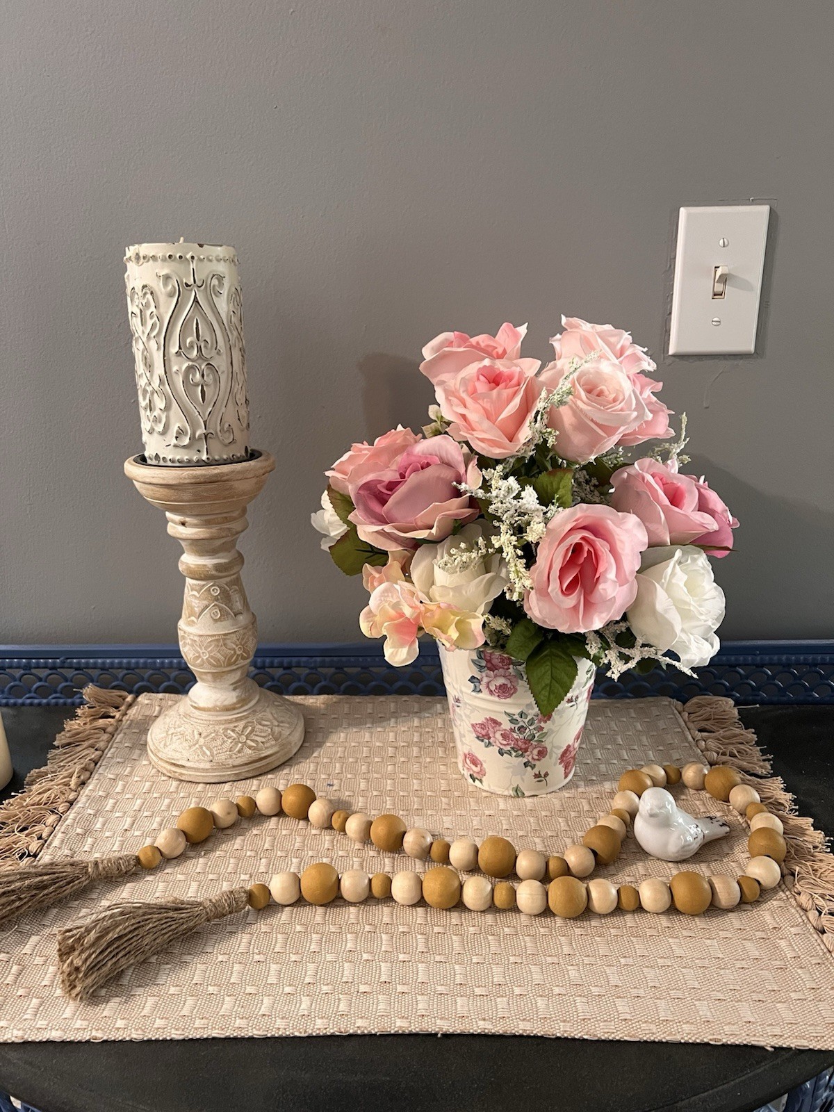 Cottagecore Pink Rose Wreath & Floral Arrangement Set, Girls Room Decor