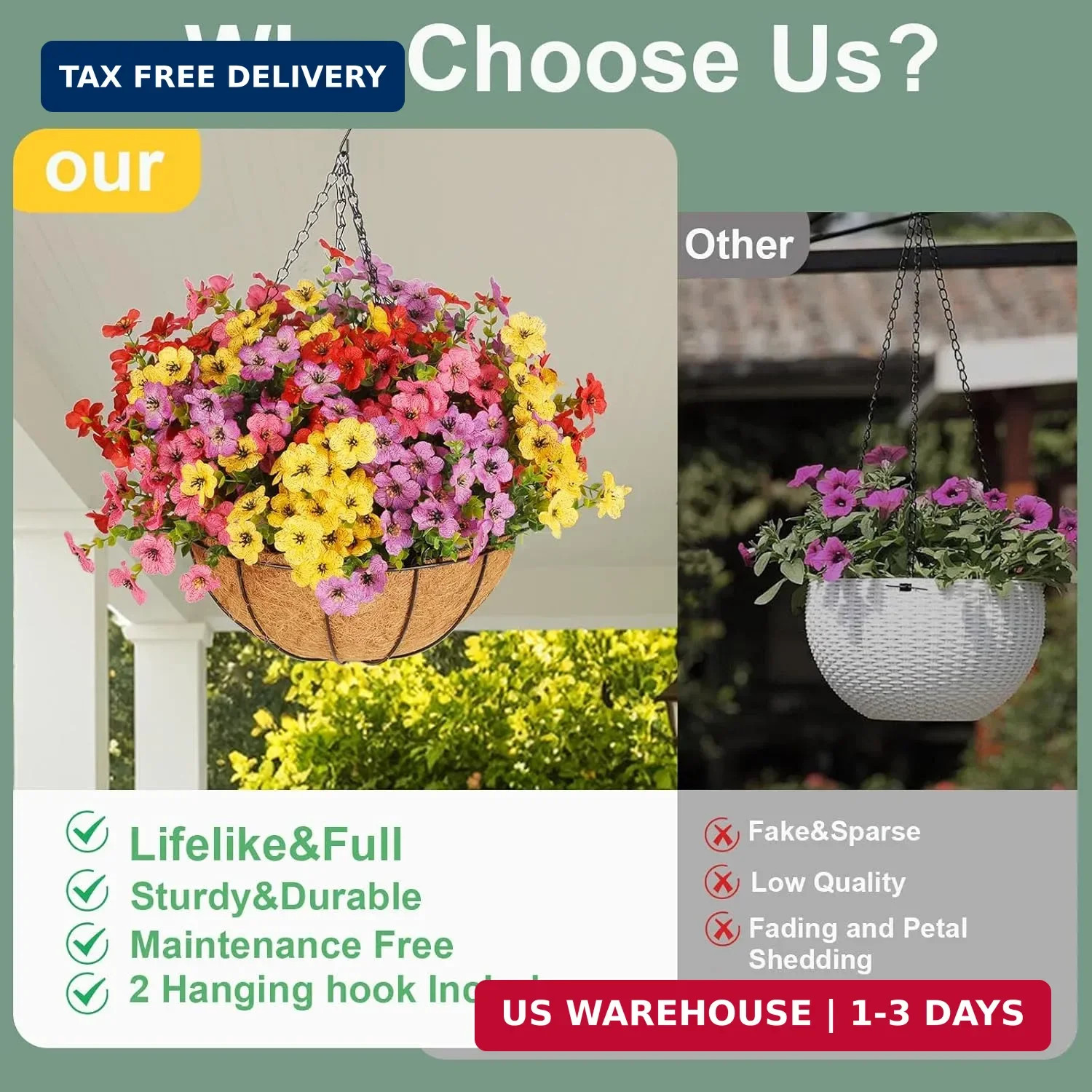 Artificial Outdoors Flowers with Hanging Basket, UV Resistant Fake Hanging Flowe