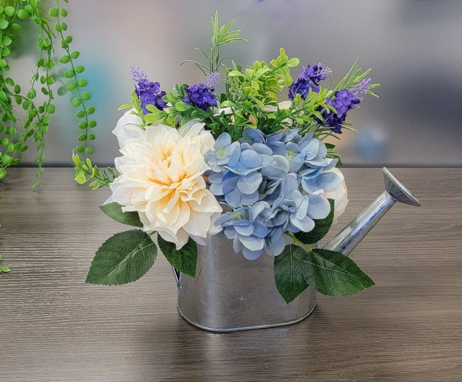 Dahlia Hydrangea Ranunculus Lavender in silver metal wantering can Arrangement,