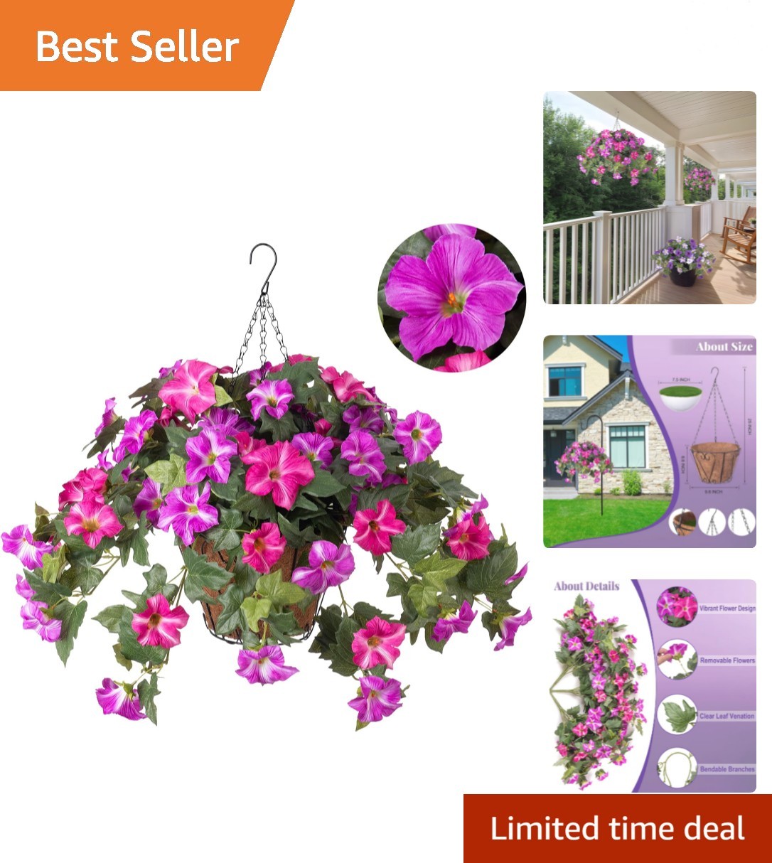 Realistic Hanging Faux Flowers with Basket – Perfect for Indoor & Outdoor Use