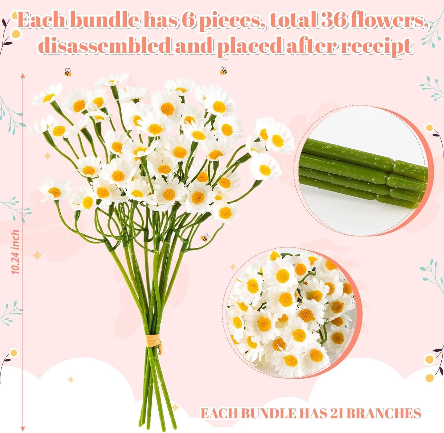 36Pcs Artificial White Daisy Flowers 6 Bundles 10 Inch Small Fake Daisies for…