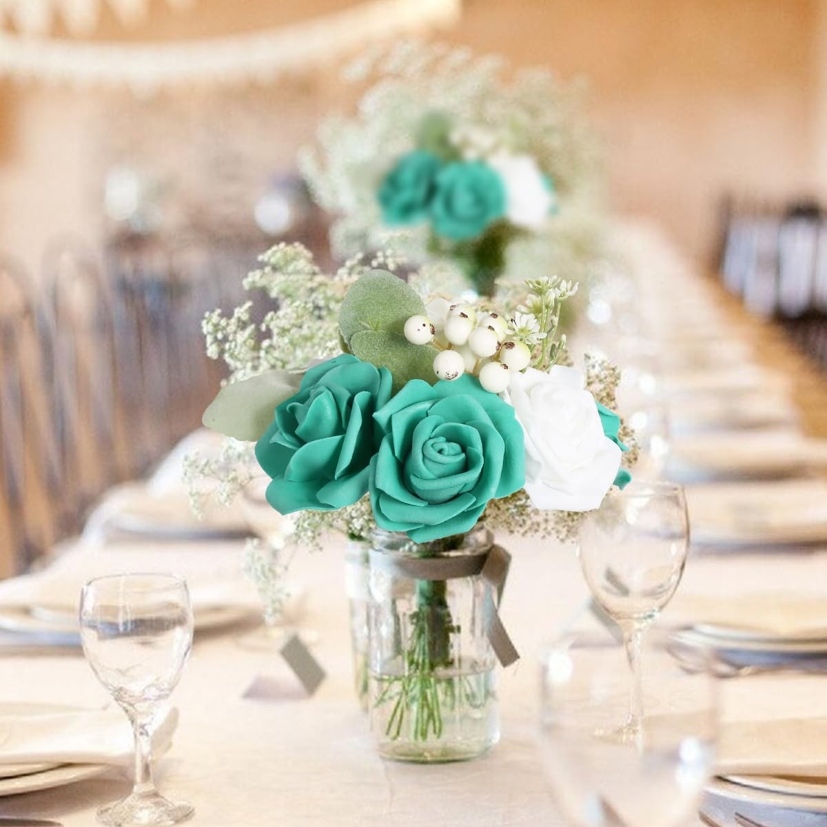 100 PCS Artificial Flowers Foam Fake Roses DIY Wedding Home Decor Teal Green