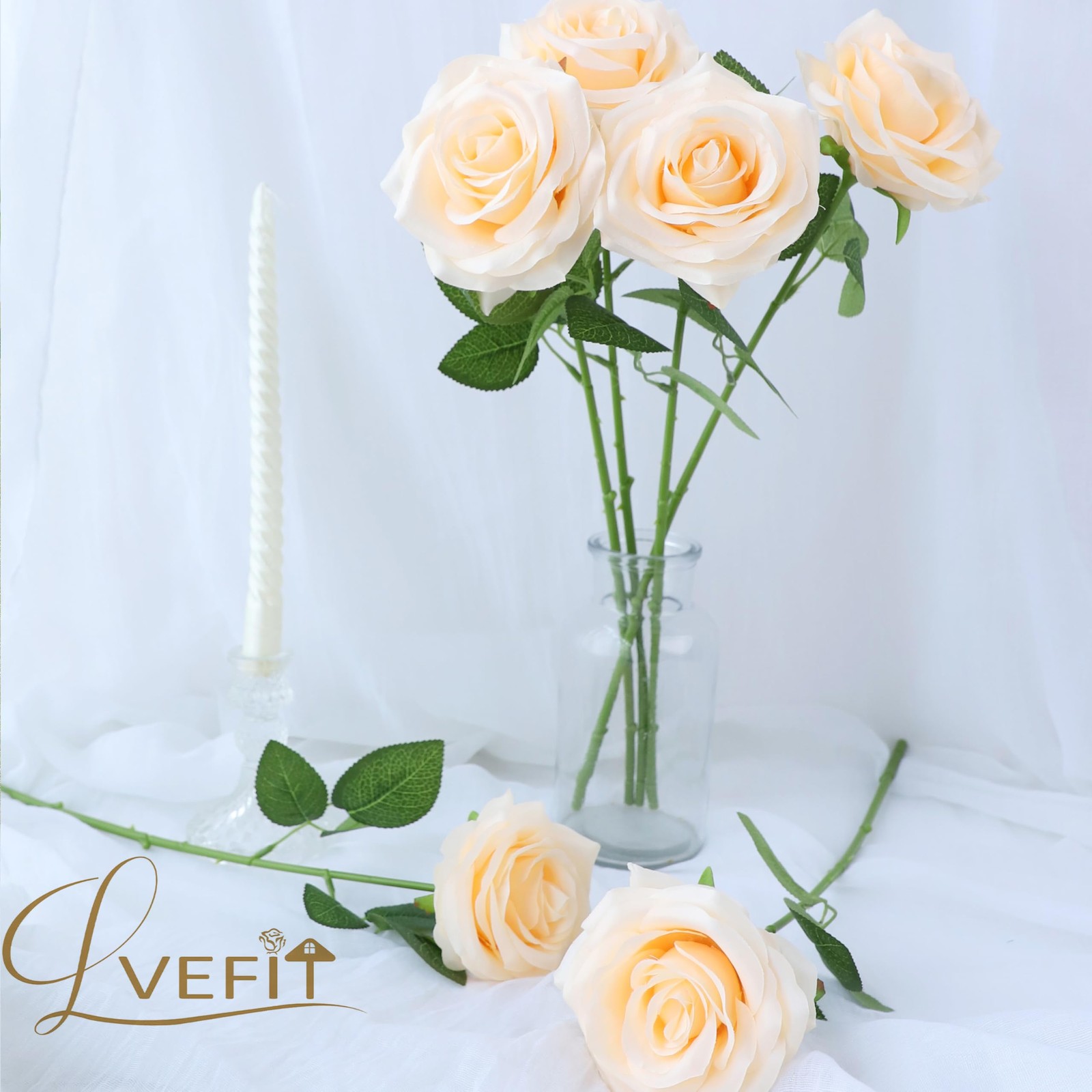 12pcs Artificial Rose Flower Champagne Flower With Long Stem Silk Roses Bouquet