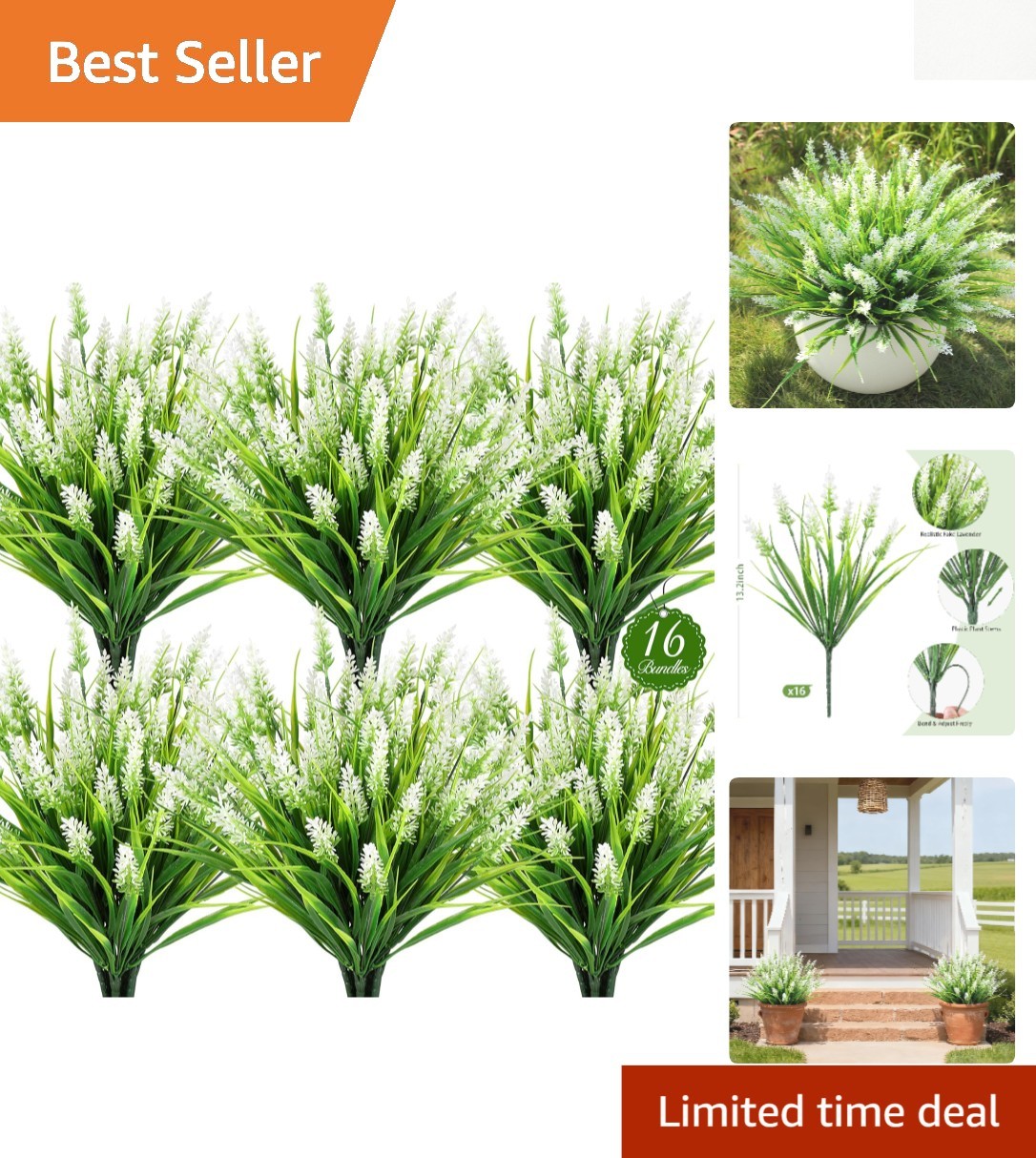 16-Pack UV Resistant Realistic Lavender & Monkey Grass for Elegant Outdoor Decor