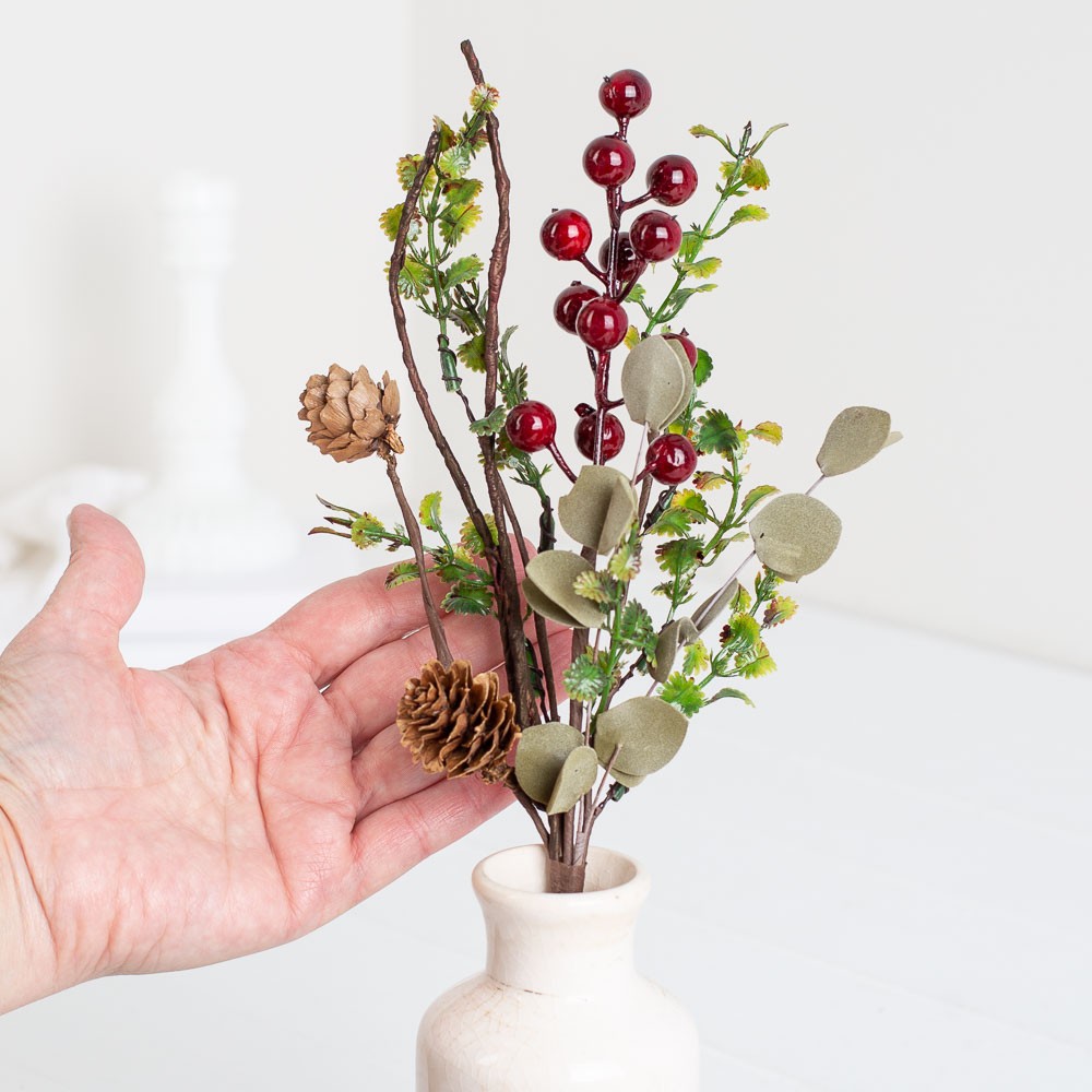 4 Decorative Felt Leaf Eucalyptus and Bright Red Berry Floral Sprays