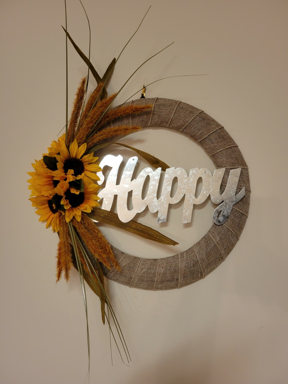 HAPPY Sunflower Foxtail burlap WREATH FALL autumn Decor Front Door 15″ orange
