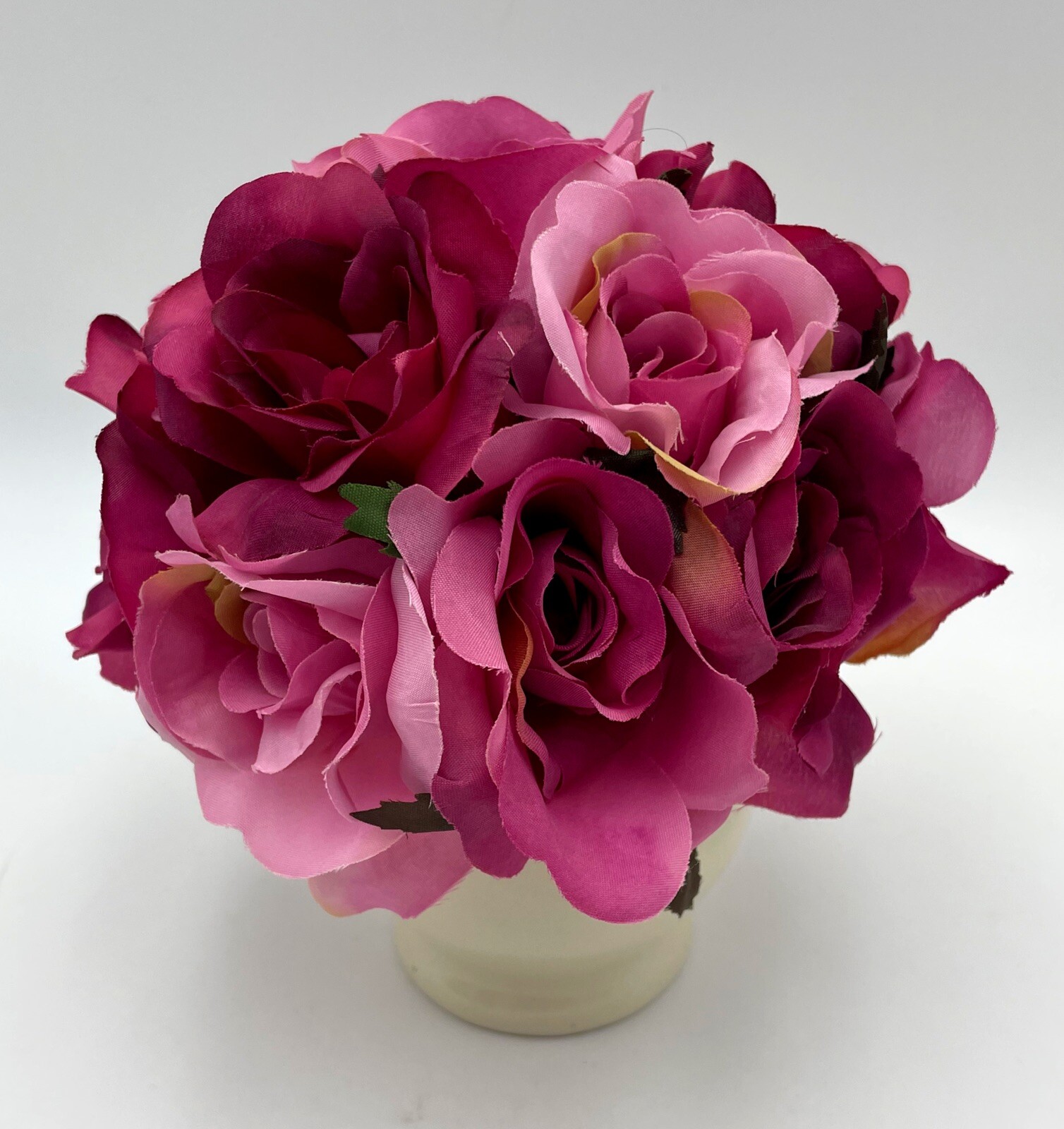 7″ Small Artificial PINK BOUQUET Faux Silk Open Roses w/Beige/Tan Ceramic Vase
