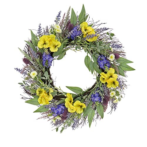 22 inch Artificial Spring Wreath with Pansy Blooms, Lavender, and Assorted