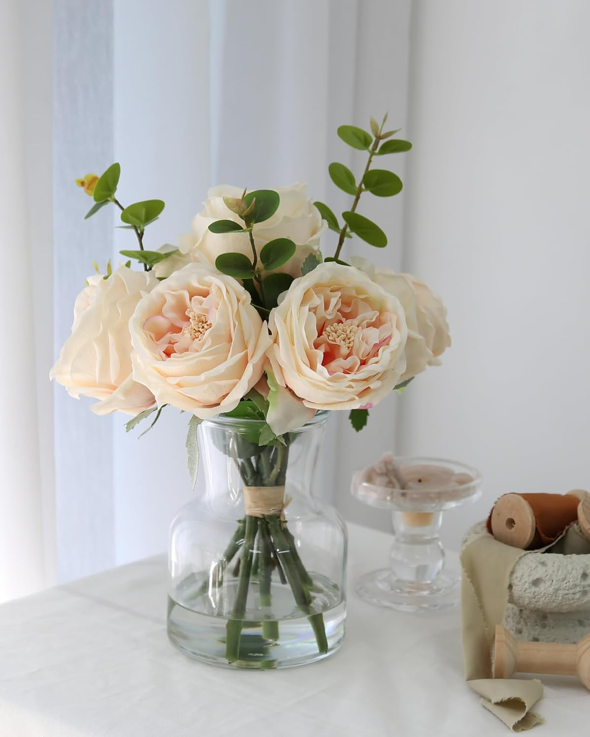 Artificial Flowers with White Roses in Vase, Fix Lifelike Fake Flowers in Vase w