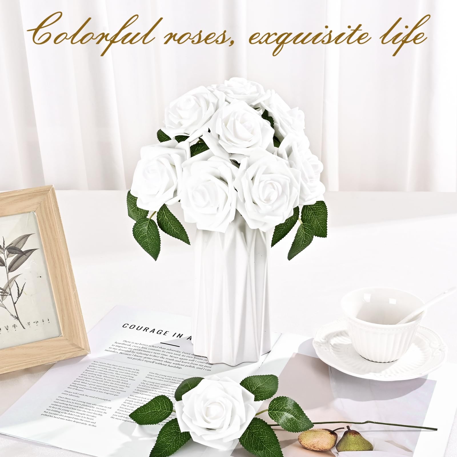 BLEUM CADE 36Pcs Artificial Flowers Fake Roses with Stems, White Boxed Foam R…