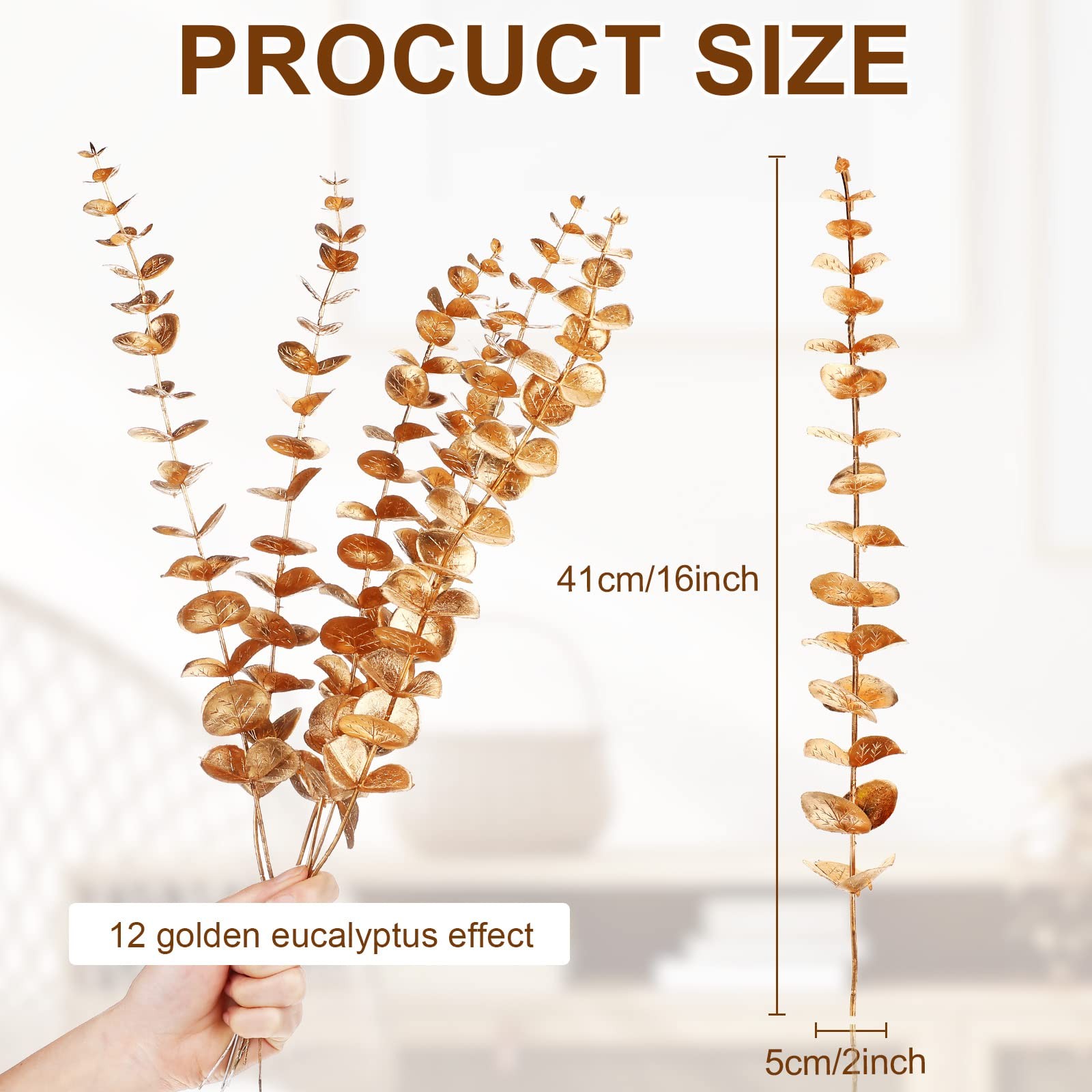 12 Pieces Gold Eucalyptus Stem 16 Inch Artificial Eucalyptus Spray Fake Leave…