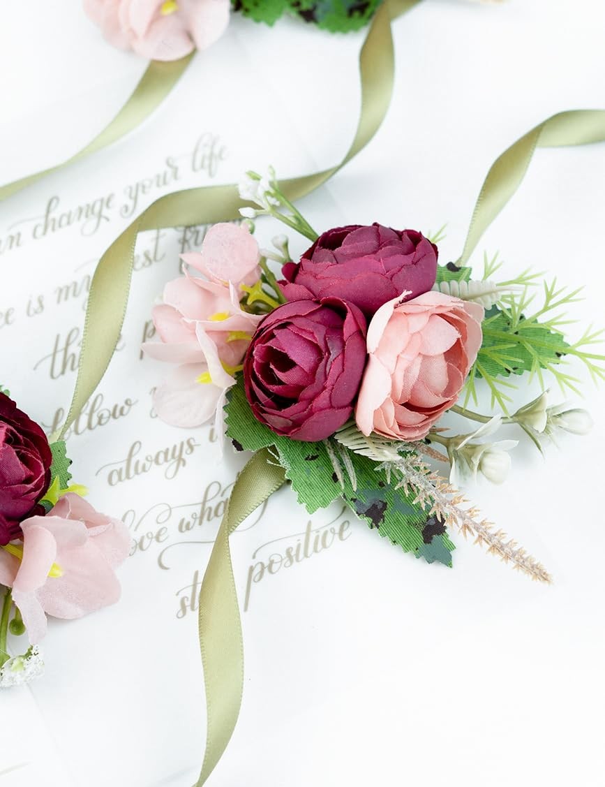 2 PCS Wrist Corsage Boutonniere Set Wedding Bridesmaid Artificial Roses Red