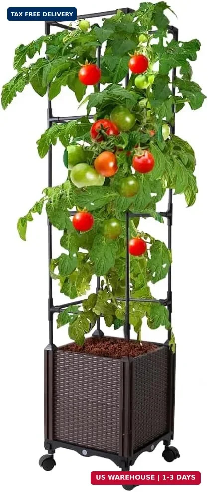 Raised Garden Bed with Tomato Cage & Trellis, 56″ Self-Watering Tomato Planter B