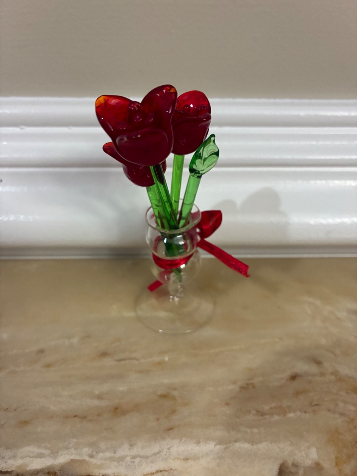 Miniature Hand-Blown Glass ROSES Flower Bouquet in Tiny Clear Vase