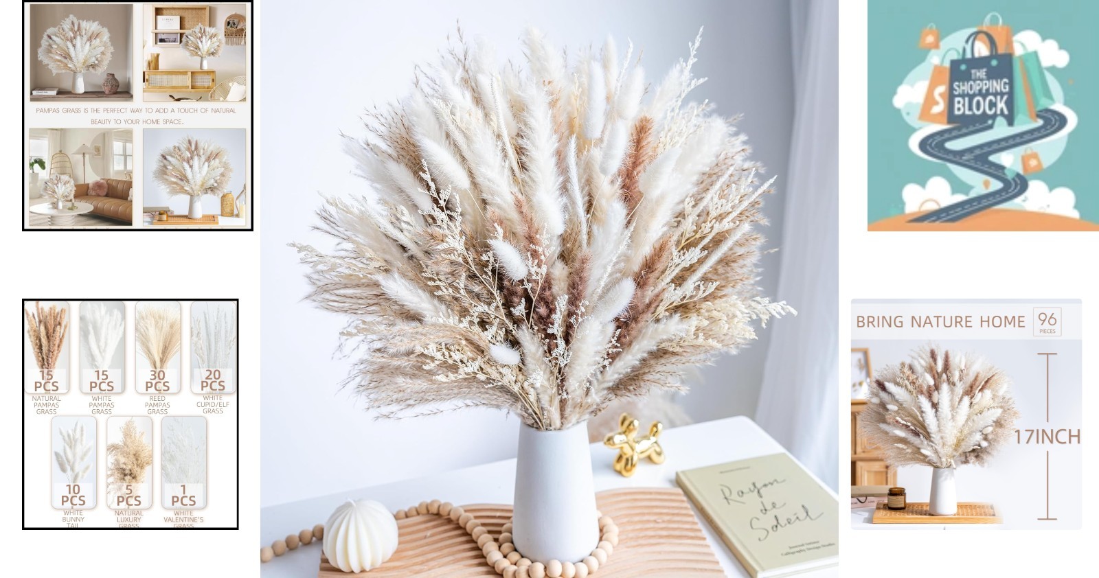 96PCS Natural Pampas Grass Bouquet for Home & Wedding Decor, White & Beige